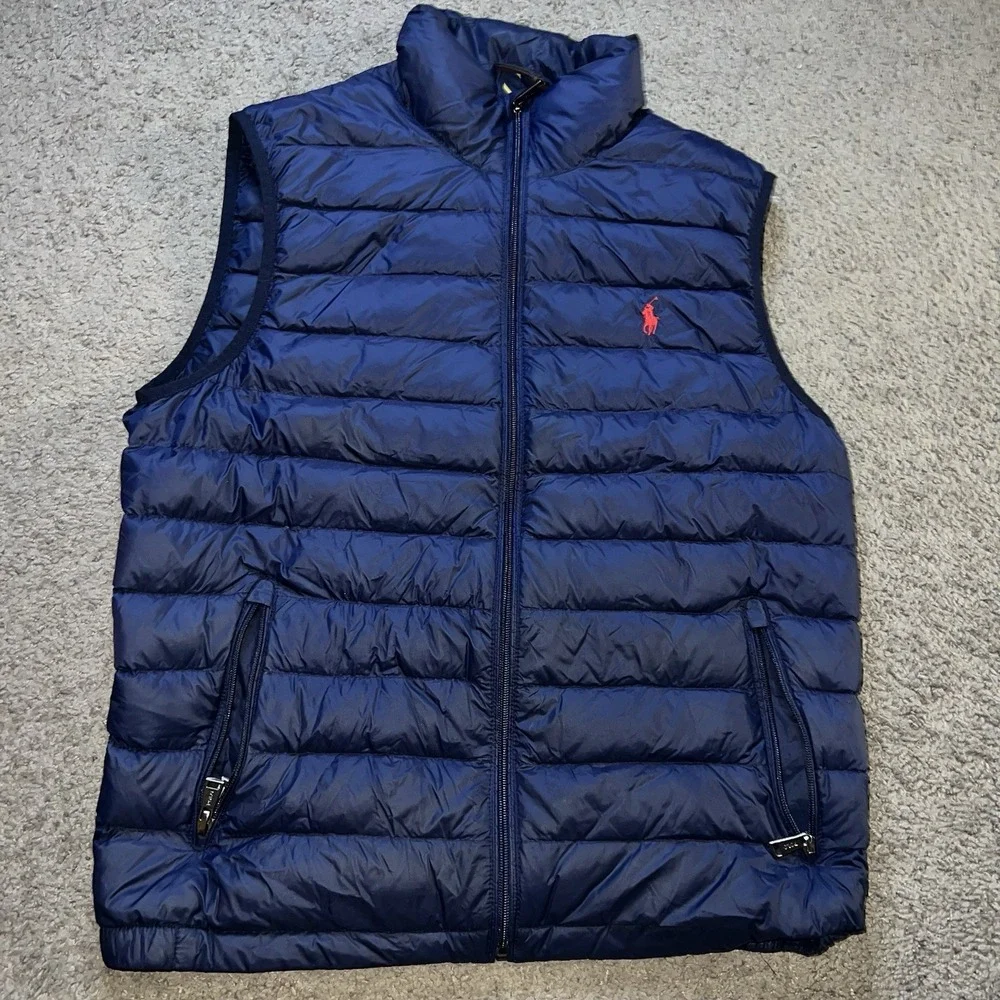 Polo Ralph Lauren Down Vest Navy Blue Packable Red Pony Logo Mens Medium